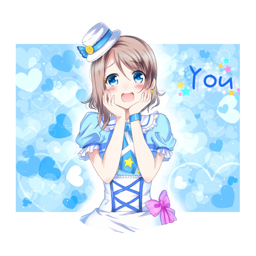 :d asymmetrical_hair bangs blue_neckwear blush bow bracelet brown_hair character_name eyebrows_visible_through_hair hair_between_eyes hands_on_own_cheeks hands_on_own_face hat heart highres jewelry kimi_no_kokoro_wa_kagayaiteru_kai? looking_at_viewer love_live! love_live!_sunshine!! mini_hat necktie open_mouth parted_bangs pink_bow short_sleeves smile solo upper_body watanabe_you white_hat zero-theme