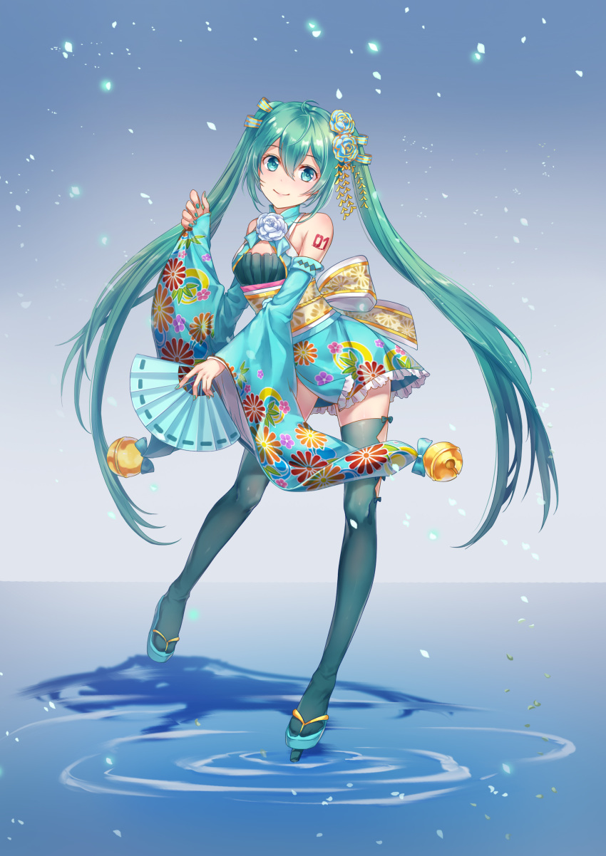 absurdres aqua_eyes aqua_hair blue_eyes blue_flower detached_sleeves fan floating_hair floral_print flower frilled_kimono frills full_body hair_between_eyes hair_flower hair_ornament hatsune_miku highres hiroshi_taeru_qwq holding holding_fan japanese_clothes kimono long_hair number short_kimono smile solo standing standing_on_liquid tattoo thighhighs twintails very_long_hair vocaloid water zettai_ryouiki