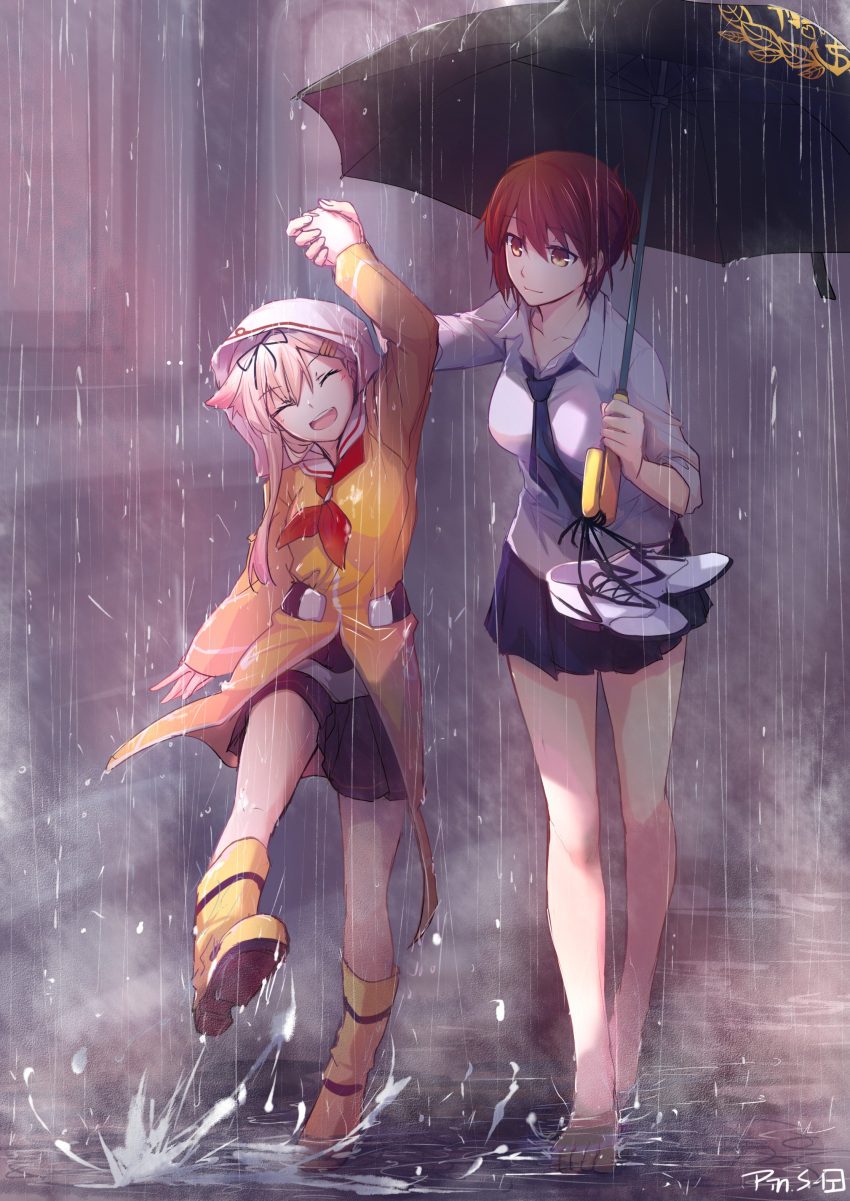 absurdres barefoot blonde_hair boots closed_eyes female_admiral_(kantai_collection) hair_ornament highres holding holding_hands holding_umbrella kantai_collection long_hair multiple_girls necktie open_mouth outdoors pin.s rain raincoat red_hair remodel_(kantai_collection) rubber_boots shirt short_hair skirt smile splashing umbrella white_shirt yellow_eyes yuudachi_(kantai_collection)