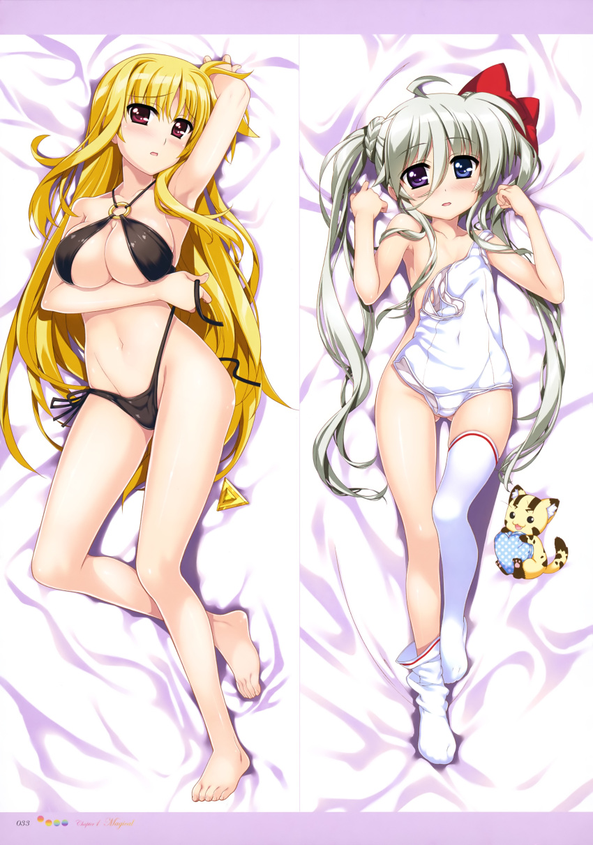 absurdres ahoge ass_visible_through_thighs bag barefoot bed_sheet bikini black_bikini blonde_hair blue_eyes blush bow breasts cleavage collarbone convenient_censoring covered_navel dakimakura einhart_stratos eyebrows_visible_through_hair fate_testarossa from_above fujima_takuya full_body groin hair_between_eyes hair_bow hair_censor hair_over_one_breast heterochromia highres large_breasts long_hair looking_at_viewer lying lyrical_nanoha mahou_shoujo_lyrical_nanoha_vivid multiple_girls o-ring o-ring_bikini on_back parted_lips purple_eyes red_bow red_eyes scan school_swimsuit shiny shiny_clothes shiny_hair side-tie_bikini sids silver_hair swimsuit swimsuit_removed thighhighs_pull twintails untied untied_bikini very_long_hair white_legwear white_school_swimsuit white_swimsuit