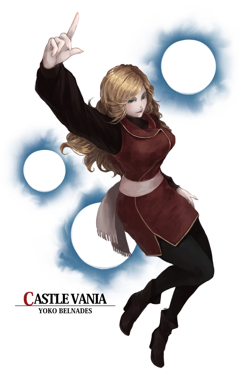 absurdres arm_up belt blonde_hair blue_eyes breasts brown_footwear castlevania castlevania:_dawn_of_sorrow character_name closed_mouth commentary_request copyright_name food_fighter_441 full_body hand_gesture high_heels highres index_finger_raised large_breasts lipstick long_hair long_sleeves makeup pantyhose shoes smile solo white_background yoko_belnades