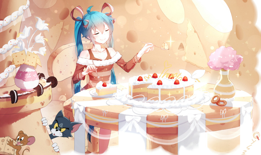 ahoge aqua_hair bai_yemeng cake cat cheese closed_eyes flower food fork fruit hair_ribbon hatsune_miku highres jerry_(tom_and_jerry) long_hair mouse ribbon sitting smile spoon strawberry tom tom_and_jerry twintails vase very_long_hair vocaloid