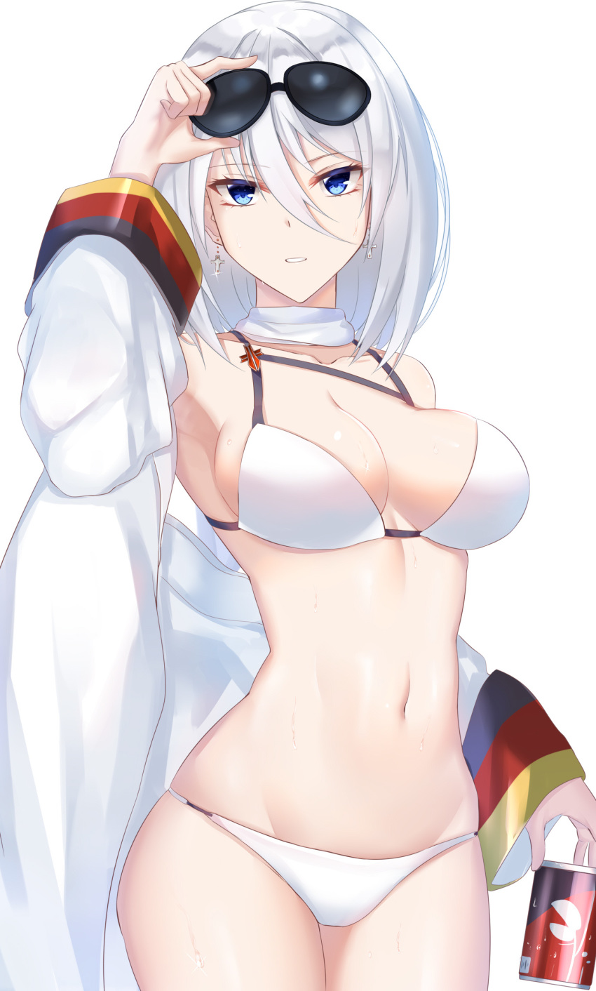 absurdres alternate_costume armpits azur_lane baggy_clothes bangs bikini blue_eyes breasts can chinese_commentary cleavage coat collarbone commentary_request cowboy_shot cross cross_earrings earrings eternity_(pixiv8012826) eyewear_on_head groin hair_between_eyes hand_on_eyewear highres holding holding_can jewelry large_breasts looking_at_viewer navel parted_lips scarf short_hair sidelocks silver_hair simple_background skindentation solo sparkle stomach sunglasses swimsuit thighs tirpitz_(azur_lane) wet white_background white_bikini white_coat white_scarf