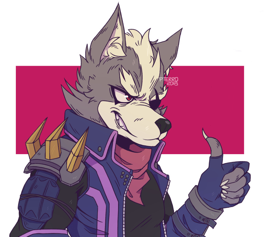 2018 anthro canine claws clothed clothing digital_drawing_(artwork) digital_media_(artwork) eye_patch eyewear fingerless_gloves fur gloves male mammal nintendo pterro simple_background smile solo star_fox thumbs_up video_games wolf wolf_o'donnell
