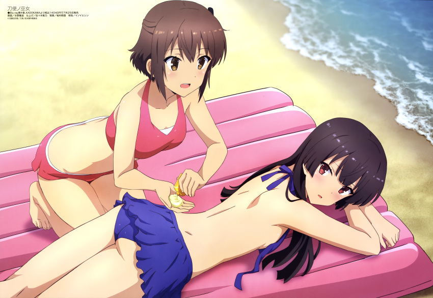 absurdres applying_sunscreen ass bare_shoulders barefoot beach bikini bikini_shorts bikini_skirt black_hair black_ribbon blue_bikini blush breasts brown_eyes brown_hair day embarrassed etou_kanami eyebrows_visible_through_hair hair_between_eyes hair_ribbon highres inflatable_raft juujou_hiyori kneeling kneepits long_hair looking_at_another lotion lying magazine_scan medium_breasts megami mizuno_takahiro_(artist) multiple_girls official_art on_stomach open_mouth outdoors pink_bikini red_eyes ribbon round_teeth sand scan short_hair shorts shoulder_blades smile sunscreen swimsuit teeth toji_no_miko tongue untied untied_bikini water