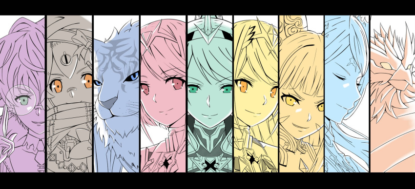 animal animal_ears armor bangs blue_eyes blush byakko_(xenoblade) cat_ears closed_eyes column_lineup covered_navel dress earrings fire glasses green_eyes hana_(xenoblade) hat highres hikari_(xenoblade_2) homura_(xenoblade_2) jewelry kagutsuchi_(xenoblade) long_hair looking_at_viewer mebi_(mebieru) monochrome multiple_girls niyah orange_eyes pneuma_(xenoblade_2) ponytail robot saika_(xenoblade) short_hair simple_background smile spoilers suzaku_(xenoblade) swept_bangs tiger twintails xenoblade_(series) xenoblade_2 yellow_eyes