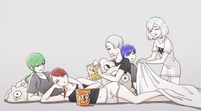 alternate_costume androgynous asymmetrical_hair bangs blanket blonde_hair blue_hair blunt_bangs cairngorm_(houseki_no_kuni) casual chips closed_eyes commentary_request contemporary diamond_(houseki_no_kuni) drooling eating food green_eyes green_hair grey_background grey_hair hair_over_one_eye highres houseki_no_kuni jade_(houseki_no_kuni) korean_commentary long_hair lying multicolored_hair multiple_others mydeerwitch navel on_side phosphophyllite phosphophyllite_(ll) popcorn potato_chips rainbow_hair red_hair rutile_(houseki_no_kuni) shirt short_hair shorts sleeping sleeping_on_person smile snack spoilers stuffed_animal stuffed_toy t-shirt tank_top white_eyes white_hair yellow_eyes