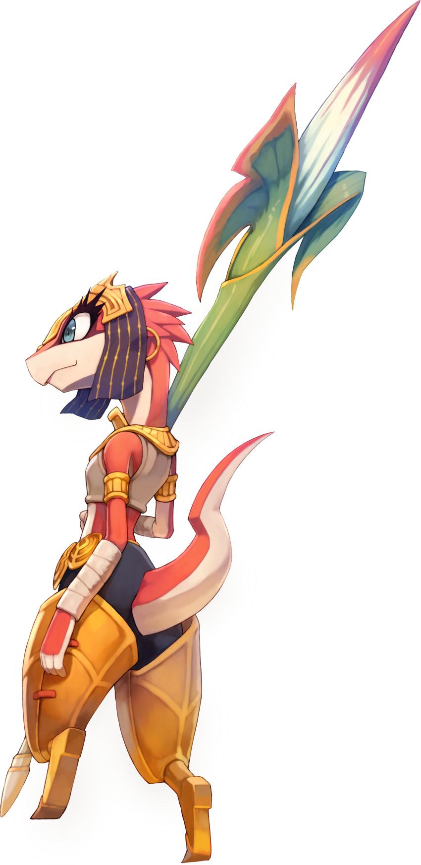 5_fingers alpha_channel anthro arm_wraps armband armor blue_eyes breasts butt_pose clothed clothing drauk ear_piercing ever_oasis female headwear legwear melee_weapon midriff miura nintendo official_art piercing pink_scales polearm red_scales scales scalie side_boob simple_background small_breasts smile solo spear thigh_highs transparent_background video_games weapon wraps