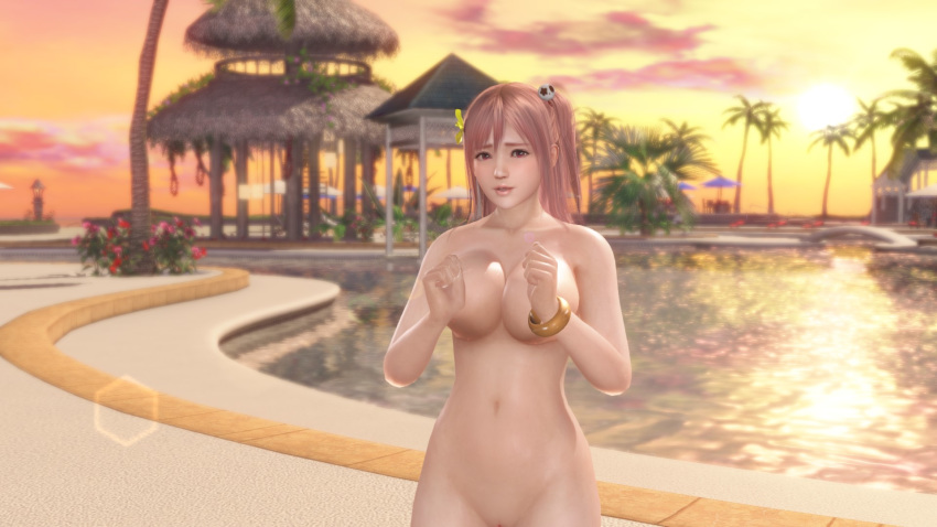 1girl 3d bracelet breasts covering_breasts dead_or_alive dead_or_alive_5 female honoka_(doa) large_breasts navel nude pink_hair pool uncensored