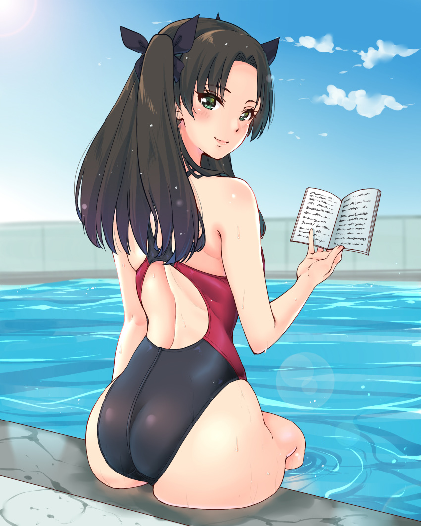 absurdres ass back black_hair black_swimsuit blue_sky blush book cloud commentary_request competition_swimsuit cowboy_shot day fate/stay_night fate_(series) from_behind gradient gradient_background green_eyes highres long_hair looking_at_viewer looking_back one-piece_swimsuit outdoors pool sarfata sitting sky smile solo swimsuit toosaka_rin two_side_up water