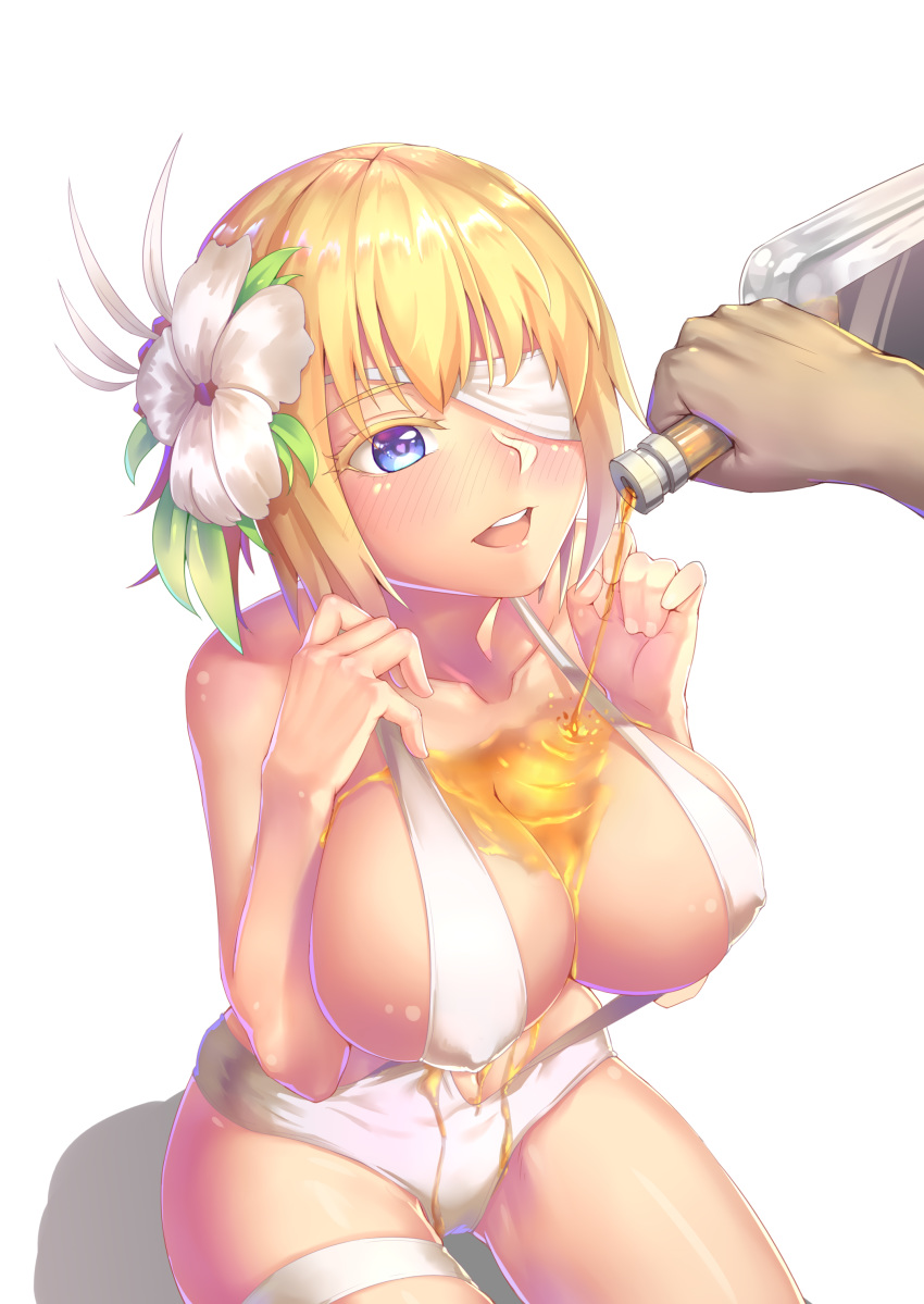 1girl absurdres alternate_costume blonde_hair blue_eyes blush body_blush bottle breasts bust_cup center_opening cleavage collarbone colored_eyelashes commentary_request covered_nipples eyebrows_visible_through_hair eyepatch flower hair_flower hair_ornament head_out_of_frame hetero highres holding holding_bottle large_breasts leotard open_mouth pouring prince_of_wales_(zhan_jian_shao_nyu) ray_(pixiv9514208) shiny shiny_skin short_hair simple_background sitting solo_focus thigh_strap white_background white_flower white_leotard zhan_jian_shao_nyu