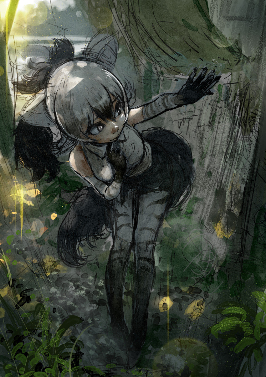 aardwolf_(kemono_friends) aardwolf_ears aardwolf_girl aardwolf_tail abstract absurdres animal_ears bangs bare_shoulders black_hair closed_mouth collared_shirt commentary_request dark elbow_gloves gloves hair_between_eyes hand_on_own_chest highres kemono_friends long_hair nature outdoors pantyhose plant ponytail shirt sketch sleeveless sleeveless_shirt solo standing tail takami_masahiro white_eyes white_hair white_shirt
