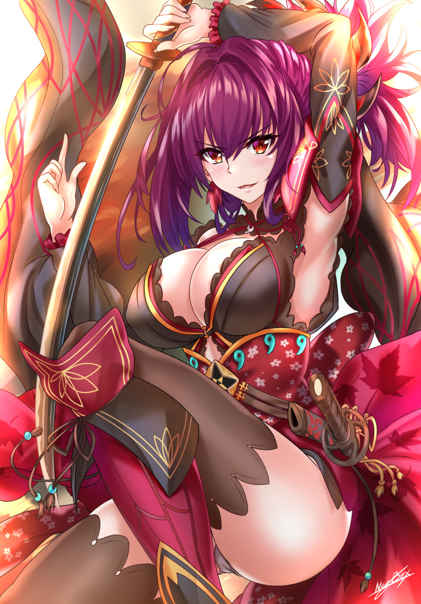 absurdres arm_up armpits bangs beads black_legwear blush breasts cleavage commentary_request cosplay detached_sleeves earrings fate/grand_order fate_(series) hair_between_eyes hair_ornament highres holding holding_sword holding_weapon japanese_clothes jewelry katana kimono knee_up large_breasts leaf_print long_hair looking_at_viewer magatama maple_leaf_print miyamoto_musashi_(fate/grand_order) miyamoto_musashi_(fate/grand_order)_(cosplay) nez-kun obi purple_hair red_eyes red_footwear sash scathach_(fate)_(all) scathach_(fate/grand_order) sheath short_kimono signature smile solo sword thighhighs thighs tied_hair weapon