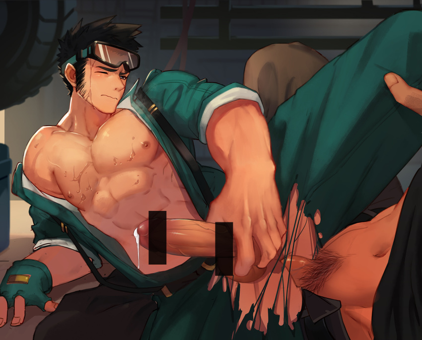 anal bar_censor bara belt black_hair blush censored closed_mouth f_jun fingerless_gloves gloves goggles goggles_on_head green_gloves groin highres indoors jumpsuit large_penis male_focus male_masturbation male_pubic_hair masturbation mechanic multiple_boys muscle navel nipples off_shoulder one_eye_closed original pectorals penis pubic_hair sex sideburns solo_focus suspenders tire unzipped yaoi