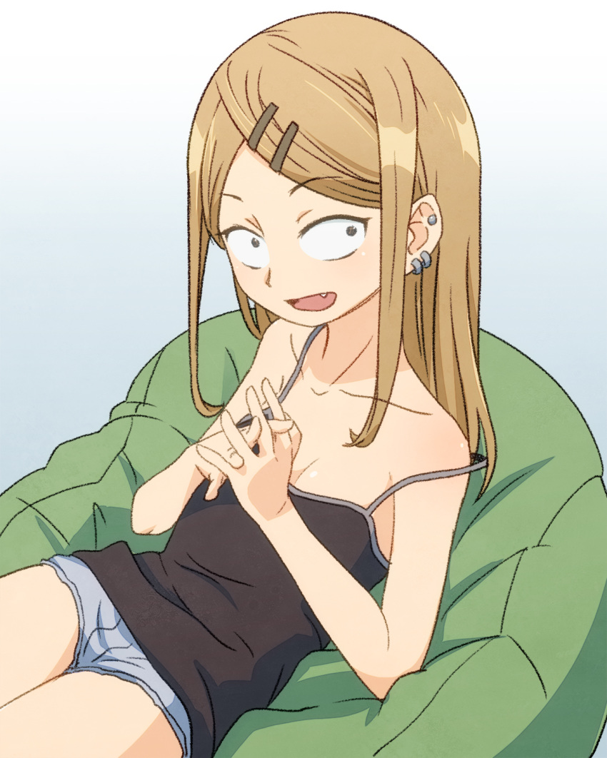 :d bean_bag_chair blonde_hair breasts camisole collarbone commentary constricted_pupils dagashi_kashi ear_piercing endou_saya eyebrows_visible_through_hair fang hair_ornament hairclip highres interlocked_fingers long_hair looking_at_viewer open_mouth piercing sanpaku sat-c short_shorts shorts simple_background small_breasts smile solo strap_slip