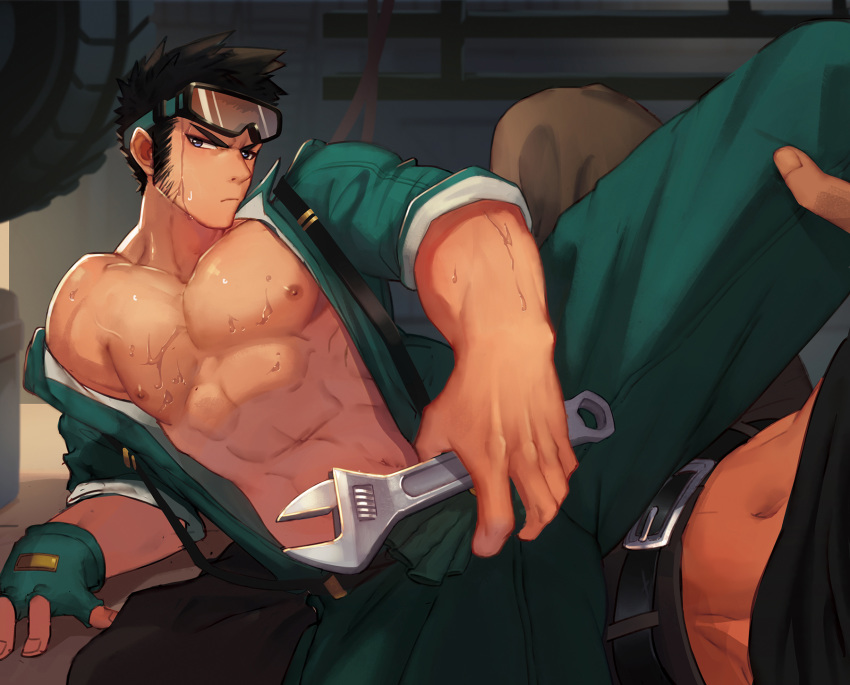 bara belt black_hair blue_eyes chest closed_mouth collarbone f_jun fingerless_gloves gloves goggles goggles_on_head green_gloves highres holding indoors jumpsuit looking_to_the_side male_focus mechanic multiple_boys muscle navel nipples off_shoulder original pants pectorals sideburns solo_focus spread_legs stomach suspenders sweat tire unzipped yaoi