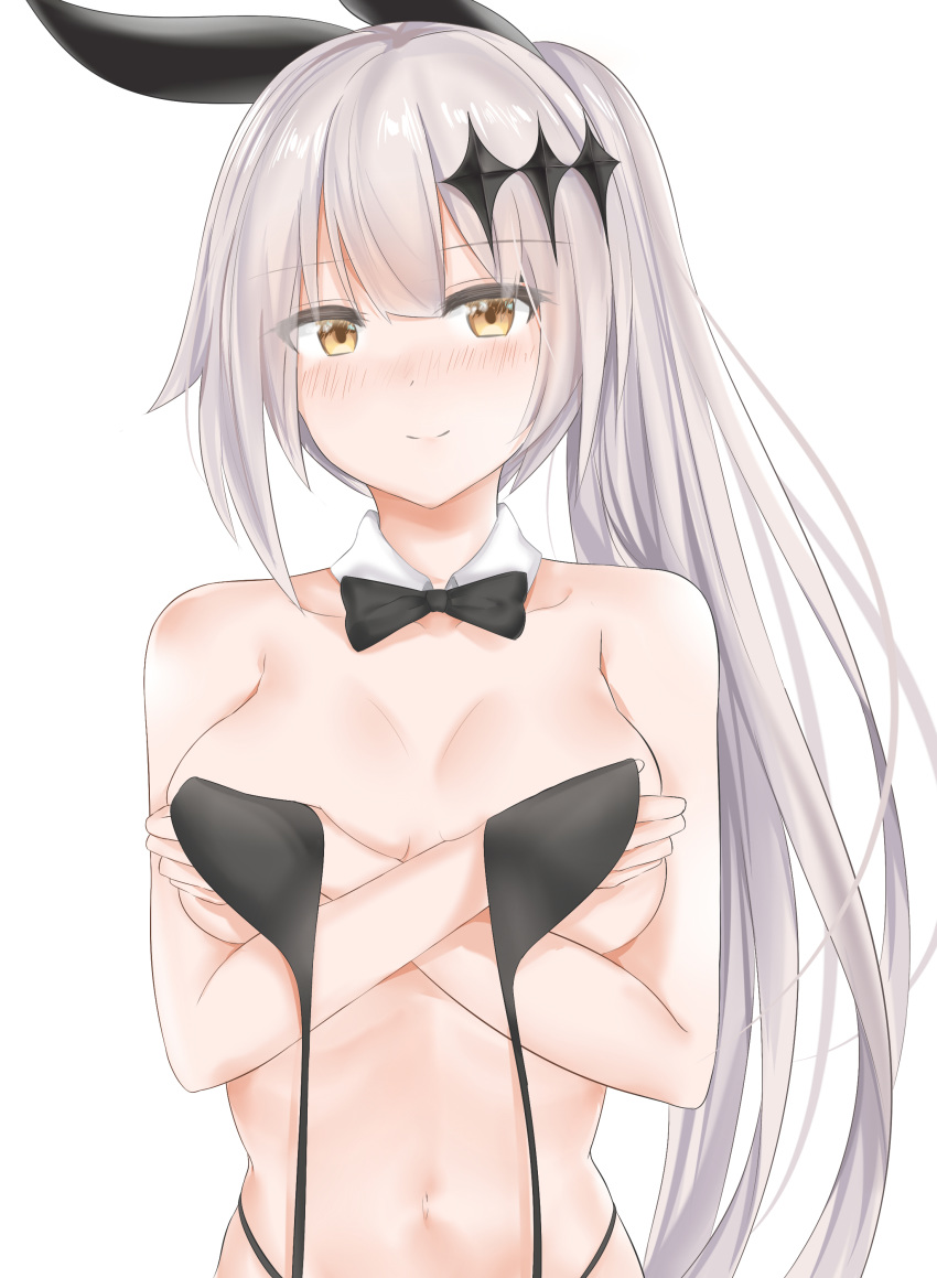 absurdres alternate_costume bangs bare_shoulders bikini black_bikini blush bow breasts brown_eyes chinese_commentary cleavage closed_mouth collarbone commentary_request covering covering_breasts detached_collar eyebrows_visible_through_hair five-seven_(girls_frontline) girls_frontline hair_ornament hair_ribbon head_tilt highleg highleg_bikini highres large_breasts long_hair looking_at_viewer navel ponytail ribbon ru_zhai sidelocks silver_hair simple_background skindentation smile solo stomach swimsuit untied untied_bikini upper_body very_long_hair white_background
