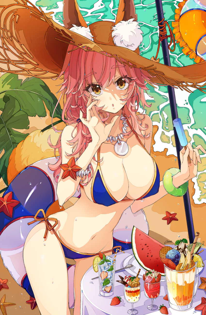 :o absurdres animal_ear_fluff animal_ears armlet banana bare_shoulders bikini blue_bikini breasts brown_eyes cleavage cocktail_glass collarbone commentary covered_nipples cup drinking_glass drinking_straw ears_through_headwear eyebrows_visible_through_hair fate/grand_order fate_(series) fingernails food fox_ears fox_tail fruit groin hat highres ice ice_cream ice_cube innertube jewelry large_breasts leaf lemon long_hair looking_at_viewer navel necklace ocean osanai pink_hair pitcher plate popsicle side-tie_bikini solo spoon starfish straw_hat strawberry swimsuit table tail tamamo_(fate)_(all) tamamo_no_mae_(swimsuit_lancer)_(fate) water water_drop watermelon wet
