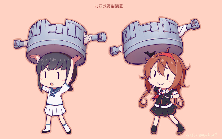 &gt;:) adapted_costume alternate_hair_length alternate_hairstyle black_gloves black_hair black_serafuku black_skirt blue_sailor_collar brown_hair chibi dated fairy_(kantai_collection) fubuki_(kantai_collection) gloves hairband holding kantai_collection multiple_girls nakaaki_masashi neckerchief open_mouth orange_background orange_hairband partly_fingerless_gloves pleated_skirt red_neckwear sailor_collar sailor_shirt school_uniform serafuku shiratsuyu_(kantai_collection) shirt short_hair short_ponytail short_sleeves simple_background skirt smile translated twitter_username type_94_anti-aircraft_fire_detector v-shaped_eyebrows white_shirt white_skirt