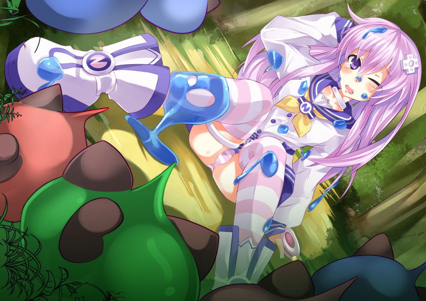 ;o absurdres ass blush boots choker d-pad d-pad_hair_ornament day dogoo dress forest hair_between_eyes hair_ornament hand_behind_head highres knees_together_feet_apart knees_up moeufocatcher nature neckerchief nepgear neptune_(series) on_ground one_eye_closed outdoors panties pantyshot pantyshot_(sitting) purple_eyes purple_hair sailor_collar sailor_dress sitting slime striped striped_legwear striped_panties thighhighs underwear yellow_neckwear