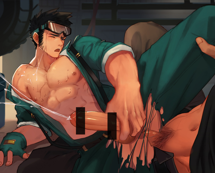 anal bar_censor bara belt black_hair blue_eyes blush censored closed_mouth cum ejaculation f_jun fingerless_gloves gloves goggles goggles_on_head green_gloves groin highres indoors jumpsuit large_penis male_focus mechanic multiple_boys muscle navel nipples off_shoulder one_eye_closed open_mouth original pectorals penis sideburns torn_clothes yaoi