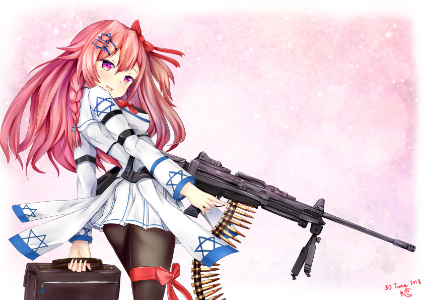 absurdres ammunition_belt arm_strap bag bangs black_legwear blush bow braid breasts brown_bag commentary_request dated eyebrows_visible_through_hair from_side girls_frontline gloves gun hair_between_eyes hair_bow hair_ornament hair_ribbon hairclip hexagram highres holding holding_bag holding_gun holding_weapon imi_negev israel jacket leg_ribbon long_hair looking_at_viewer looking_back machine_gun medium_breasts mid-stride mr_lobster negev_(girls_frontline) one_side_up pantyhose pink_hair pleated_skirt red_bow red_eyes red_ribbon ribbon side_braid signature skirt smile solo star_of_david trigger_discipline walking weapon white_gloves white_skirt