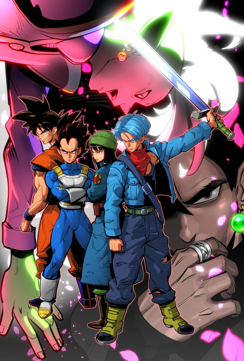 5boys armor belt black_eyes black_hair blue_eyes blue_hair boots clenched_hand crossed_arms denim denim_jacket dougi dragon_ball dragon_ball_super earrings expressionless fighting_stance fingernails gloves gokuu_black hat highres jacket jewelry long_hair looking_away mai_(dragon_ball) multiple_boys neckerchief open_mouth potara_earrings ring serious short_hair son_gokuu spiked_hair supobi sword trunks_(dragon_ball) upside-down vegeta weapon wristband zamasu