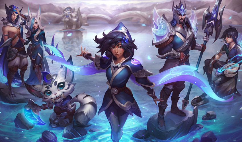 armor black_hair blue_eyes blue_feathers blue_hair blush boomerang boots brown_eyes cape closed_mouth crossed_legs dark_skin ezreal facial_hair facial_mark fangs feathers fingerless_gloves gloves gnar_(league_of_legends) hair_ornament hair_over_one_eye hat helmet holding_hands hood jarvan_lightshield_iv jewelry lake league_of_legends leather long_hair looking_at_viewer manly multiple_boys multiple_girls muscle official_art rakan reflection samsung_galaxy_(league_of_legends) scar shiny shirtless short_hair sitting smile stone taliyah thick_eyebrows weapon white_hair xayah yordle