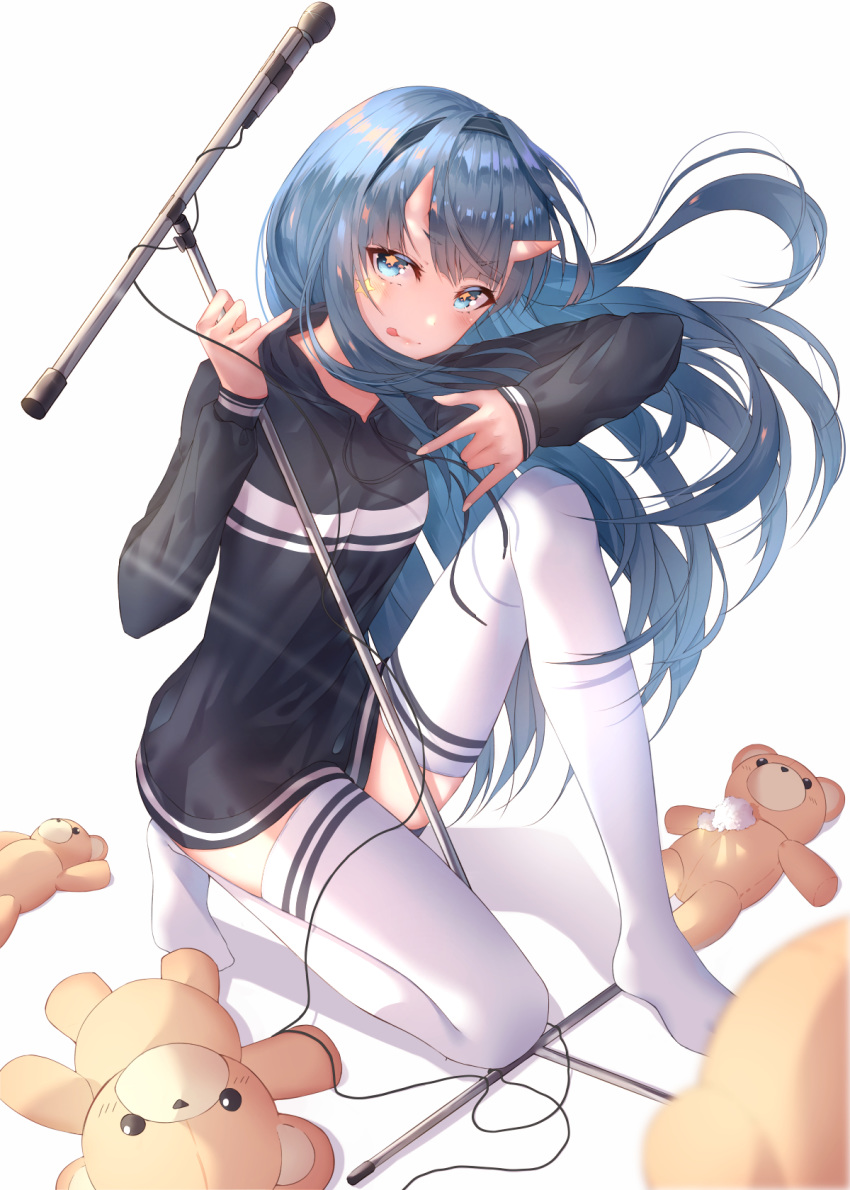 blue_eyes blue_hair breasts full_body hairband highres holding hood hoodie horns kneeling long_hair long_sleeves looking_at_viewer microphone microphone_stand momingie no_shoes original pinky_out shadow shiny shiny_hair solo stuffed_animal stuffed_toy swimsuit symbol_in_eye teddy_bear thighhighs w white_background white_legwear zettai_ryouiki