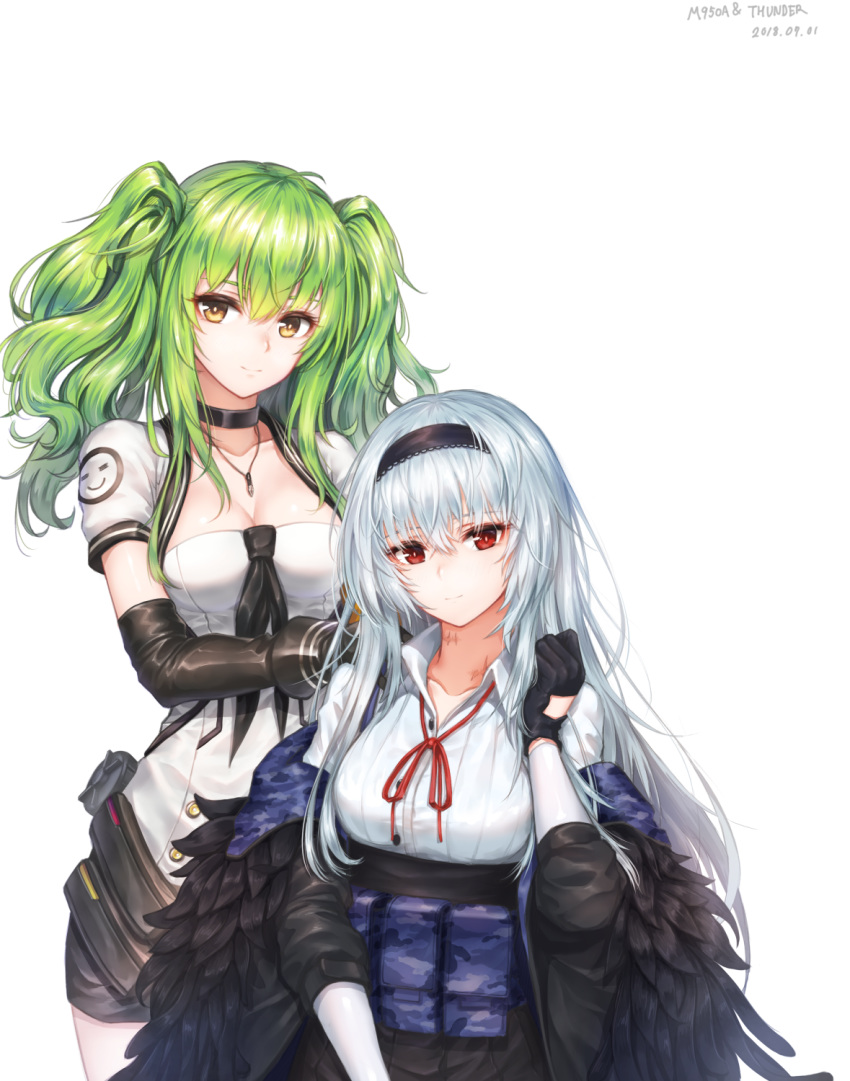 baek_hyang bangs black_gloves black_hairband black_jacket black_neckwear black_shorts black_skirt blush breasts camouflage_print character_name choker closed_mouth collarbone collared_shirt commentary_request dated elbow_gloves feather-trimmed_jacket girls_frontline gloves green_hair hair_between_eyes hairband hand_on_another's_shoulder hand_up head_tilt highres jacket jewelry korean_commentary long_hair long_sleeves looking_at_viewer m950a_(girls_frontline) medium_breasts multiple_girls neck_ribbon neck_scar neckerchief necklace off_shoulder pouch red_eyes red_ribbon ribbon scar shirt shorts sidelocks simple_background sitting skirt smile thighs thunder_(girls_frontline) twintails white_background yellow_eyes