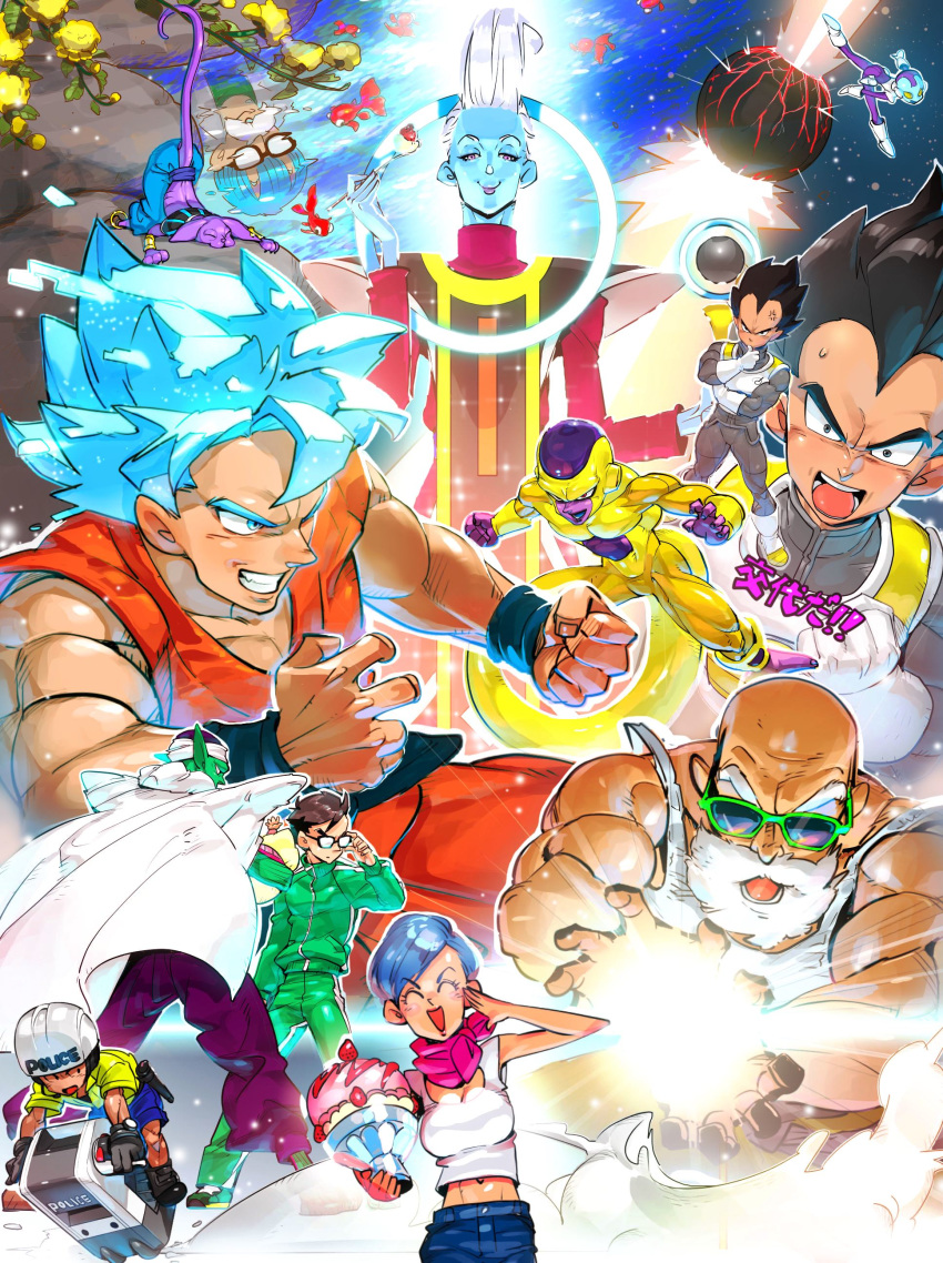 6+boys ^_^ absurdres annoyed armor attacking_viewer baby bald beard beerus black_eyes black_hair blue_eyes blue_hair blush_stickers boots breasts bulma cape clenched_hand closed_eyes couple denim dessert dougi dr._briefs dragon_ball dragon_ball_super dragon_ball_z dragon_ball_z_fukkatsu_no_f explosion facial_hair facing_away father_and_daughter father_and_son fighting_stance fingernails fish flower flying_vehicle food fork frieza fruit ginga_patrol_jaco glasses gloves golden_frieza gym_uniform hand_on_own_chin helmet highres ice_cream jaco_(ginga_patrol_jaco) jeans kamehameha koi kuririn long_sleeves looking_at_viewer looking_away multiple_boys multiple_girls mustache muten_roushi navel neckerchief open_mouth pan_(dragon_ball) pants piccolo planet purple_eyes reflection salute shirt short_hair smile son_gohan son_gokuu spiked_hair staff strawberry sunglasses super_saiyan_blue supobi sweatdrop tail translation_request turban upper_body vegeta water whis white_hair white_shirt wristband yellow_flower