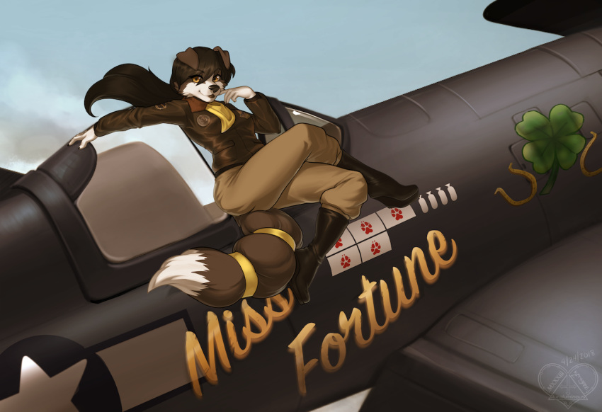 aircraft airplane bandanna beauty_mark black_nose boots border_collie canine chloe_(abananaman) clothed clothing collie detailed_background digital_media_(artwork) dipstick_tail dog english_text female footwear fur grey_fur jacket kittydee looking_at_viewer mammal multicolored_fur multicolored_tail nose_art pants patch_(fabric) pilot pinup pose smile solo tailband text two_tone_fur white_fur yellow_eyes