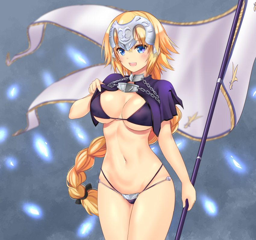 armor bikini bikini_armor blonde_hair blue_eyes braid breasts capelet chain cowboy_shot fate/apocrypha fate/grand_order fate_(series) flag grey_background headpiece highres jeanne_d'arc_(fate) jeanne_d'arc_(fate)_(all) large_breasts long_braid long_hair looking_at_viewer mint_(cerbi) open_mouth purple_bikini purple_eyes single_braid solo standing swimsuit