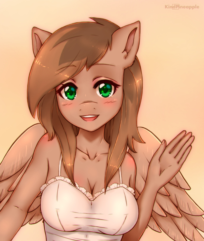 2018 5_fingers absurd_res anthro blush breasts brown_hair cleavage clothed clothing cute equine eyebrows eyelashes fan_character feathered_wings feathers female green_eyes hair half-length_portrait hi_res kindpineapple looking_at_viewer mammal my_little_pony open_mouth open_smile pegasus portrait simple_background smile solo tan_background tan_feathers teeth tongue waving wings