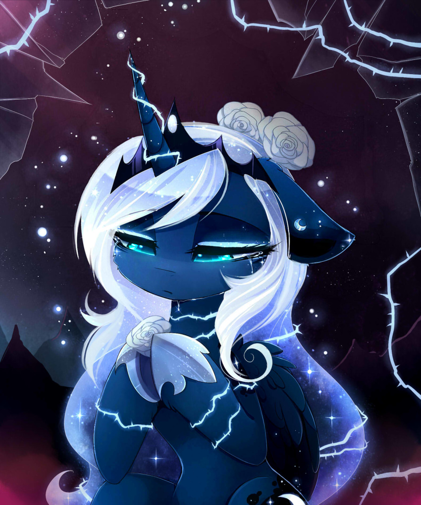 2018 blue_eyes blue_feathers broken_glass cosmic_hair crown crying cutie_mark digital_media_(artwork) ear_piercing equine eyelashes eyeshadow feathered_wings feathers female feral floppy_ears flower flower_in_hair friendship_is_magic glass glowing glowing_eyes hair half-closed_eyes hi_res holding_object hooves horn long_hair magnaluna makeup mammal mascara my_little_pony night nude piercing plant portrait princess_luna_(mlp) royalty sad sky solo sparkles star starry_sky tears thorns white_hair winged_unicorn wings