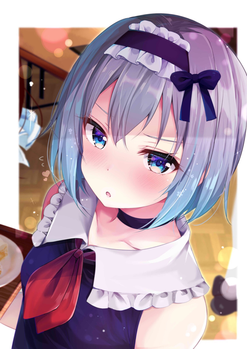black_choker blurry blurry_background blush choker collarbone commentary_request eyes_visible_through_hair frilled_hairband frills hairband highres looking_at_viewer open_mouth purple_eyes rouka_(akatyann) ryuuou_no_oshigoto! short_hair silver_hair sleeveless solo sora_ginko