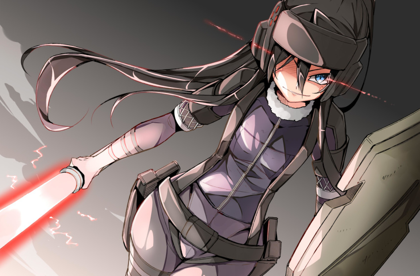 black_hair bodysuit energy_sword facial_tattoo gun handgun helmet holster light_trail long_hair muramasa_f9 pitohui_(sao) ponytail proton_sword riot_shield shield sword sword_art_online sword_art_online_alternative:_gun_gale_online tattoo weapon