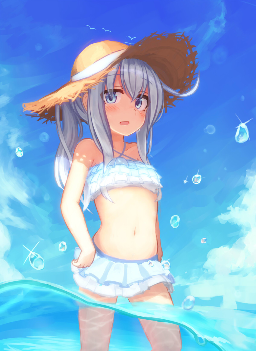 alternate_hairstyle bikini bikini_skirt bird blue_eyes blue_sky blush cloud commentary_request day diffraction_spikes eyebrows_visible_through_hair frilled_bikini frills hair_between_eyes hat hibiki_(kantai_collection) highres kantai_collection looking_at_viewer navel ocean outdoors ponytail reitou_mikan seagull silver_hair sky solo straw_hat swimsuit wading white_bikini