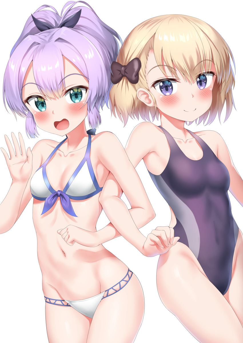 absurdres armpits azur_lane blonde_hair blue_eyes blush breasts collarbone commentary_request competition_swimsuit groin hair_ribbon highres javelin_(azur_lane) locked_arms looking_at_viewer multiple_girls navel nedia_(nedia_region) one-piece_swimsuit open_mouth purple_eyes purple_hair ribbon simple_background small_breasts smile swimsuit waving z23_(azur_lane)