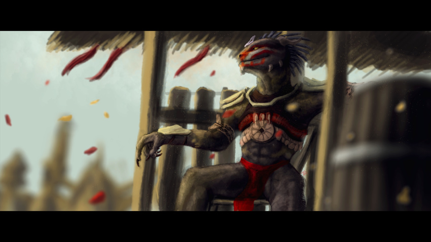 2018 5_fingers abs anthro argonian armor biped black_claws black_eyes blurred_background blurred_foreground chair claws clothed clothing day digital_media_(artwork) falcrus front_view grey_scales grey_skin hi_res hut loincloth looking_aside male mazzatun outside red_bottomwear red_skin red_topwear scales scalie sharp_claws sitting solo spikes spread_legs spreading tattoo the_elder_scrolls translucent transparent_clothing tribal tribal_tattoo unnamed_argonian_(falcrus) video_games white_skin yellow_sclera