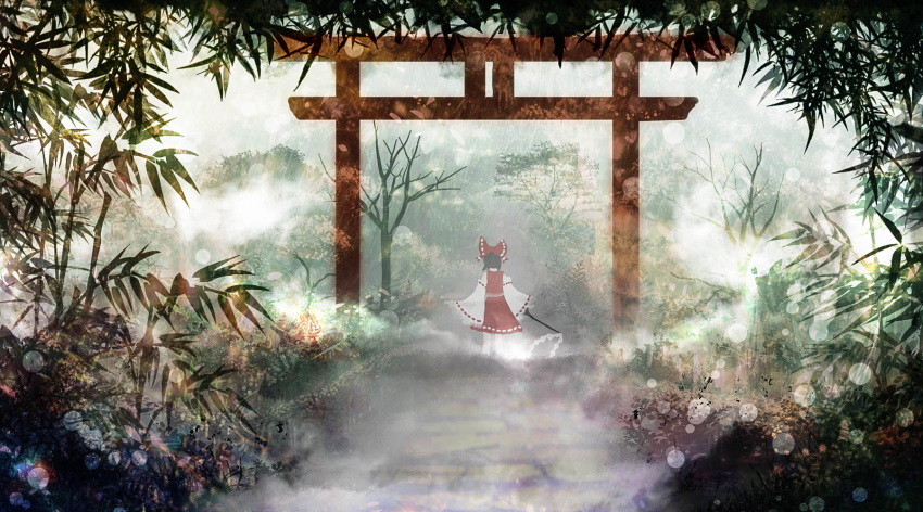 akyuun arms_at_sides bamboo bamboo_forest bare_tree black_hair bow commentary day detached_sleeves engrish_commentary facing_away fog forest from_behind gohei hair_bow hakurei_reimu highres landscape light_particles nature outdoors pantyhose path red_skirt red_vest ribbon-trimmed_sleeves ribbon_trim road shide short_hair skirt solo torii touhou tree vest white_legwear