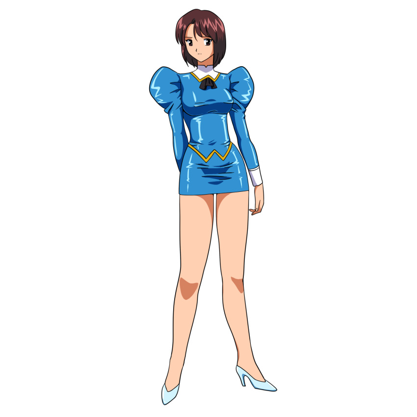 1girl 90s agent_aika black_background blue_delmo breasts brown_hair delmo dress legs medium_breasts short_dress short_hair simple_background skin_tight skirt thighs turnip007