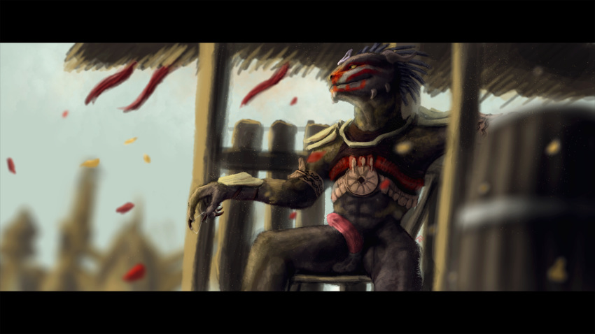2018 5_fingers abs anthro argonian armor balls biped black_claws black_eyes blurred_background blurred_foreground bottomless chair claws clothed clothing day digital_media_(artwork) erection falcrus front_view glans grey_balls grey_scales grey_skin hi_res humanoid_penis hut looking_aside male mazzatun outside penis pink_penis precum precum_string red_skin red_topwear scales scalie sharp_claws sitting solo spikes spread_legs spreading story story_in_description tattoo the_elder_scrolls translucent transparent_clothing tribal tribal_tattoo unnamed_argonian_(falcrus) video_games white_skin yellow_sclera