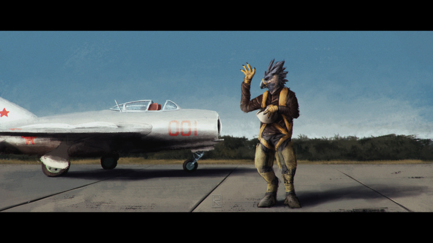 2018 4_fingers aircraft airplane anthro armor avian beak biped bird black_beak black_claws black_eyes boots claws clothing digital_media_(artwork) falcon falcrus falcrus_(character) feathers footwear front_view grey_feathers gryphon helmet hi_res jet jumpsuit logo looking_aside male mig-15 outside peregrine_falcon pilot plant portrait purple_sclera runway shrub sky solo standing talons waving white_feathers yellow_skin