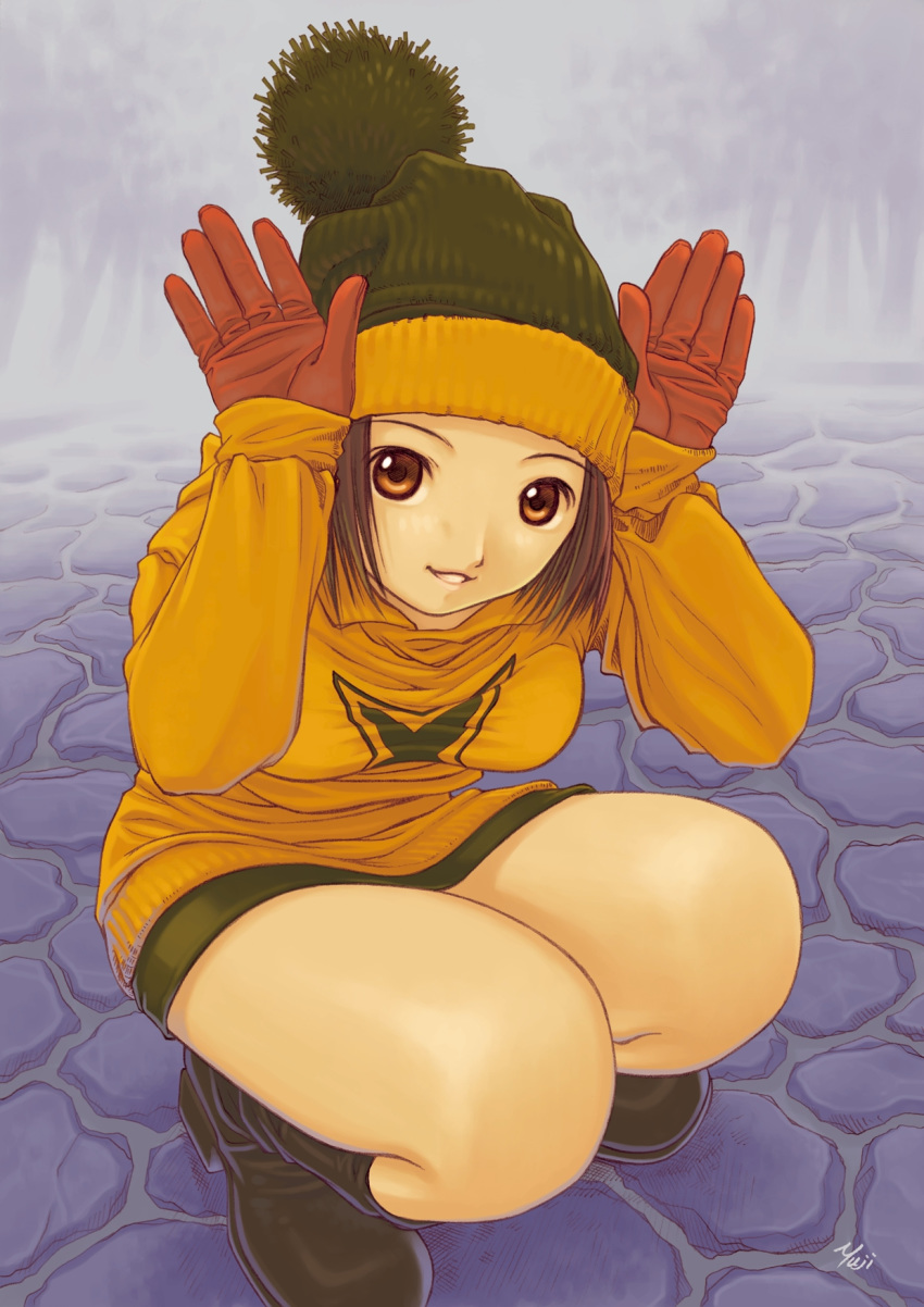 1girl artist_name beanie brown_eyes brown_hair eyebrows_visible_through_hair female fog gloves hands_up hat highres kobayashi_yuji looking_at_viewer miniskirt outdoors red_gloves skirt solo squatting winter