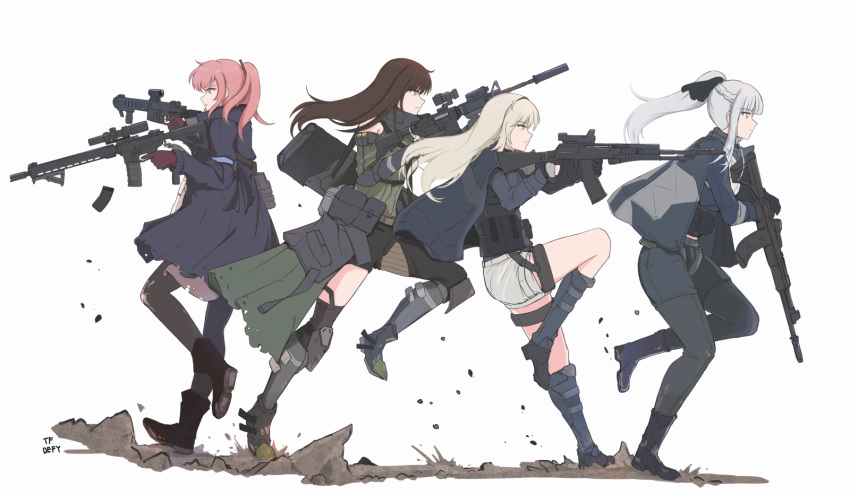 ak-12 ak-12_(girls_frontline) an-94 an-94_(girls_frontline) ar-15 assault_rifle blonde_hair brown_hair capelet defy_(girls_frontline) detached_sleeves dual_wielding elbow_pads girls_frontline gloves gun highres holding holding_gun holding_weapon long_hair m4_carbine m4a1_(girls_frontline) multiple_girls pantyhose pink_hair ponytail pouch rifle running selby short_shorts shorts single_thighhigh st_ar-15_(girls_frontline) suppressor thighhighs trigger_discipline weapon white_background white_hair