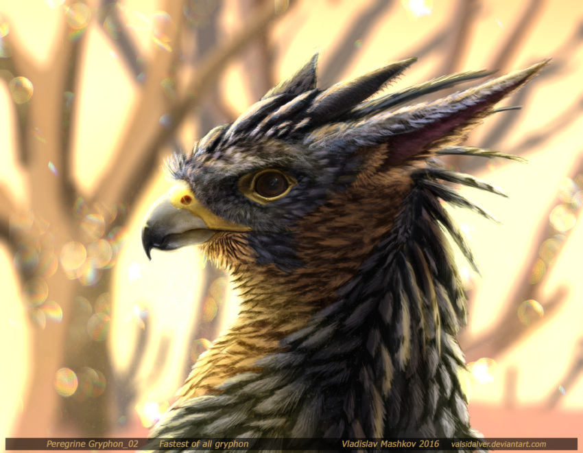 2016 ambiguous_gender avian beak bird blurred_background brown_eyes caption day digital_media_(artwork) english_text falcon falcrus falcrus_(character) feathers feral grey_beak grey_feathers gryphon headshot_portrait hi_res looking_at_viewer outside peregrine_falcon portrait side_view solo text tree url yellow_feathers