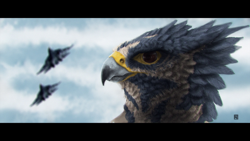 2018 aircraft airplane ambiguous_gender avian beak bird black_eyes blurred_background brown_sclera cloud day digital_media_(artwork) falcon falcrus falcrus_(character) feathers feral front_view grey_beak grey_feathers gryphon headshot_portrait hi_res jet letterbox logo looking_aside outside peregrine_falcon portrait sky solo white_feathers