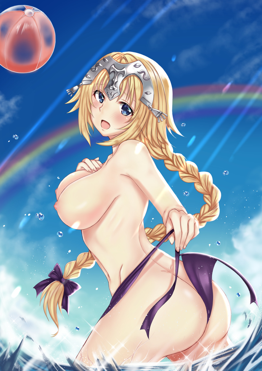 :o absurdres ass ball bangs beachball bikini blonde_hair blue_eyes blue_sky blush bow braid breast_hold breasts cloud cloudy_sky collarbone commentary cowboy_shot day embarrassed eyebrows_visible_through_hair fate/grand_order fate_(series) fingernails from_side groin hair_bow hair_ribbon hand_on_own_chest headpiece highres holding holding_strap jeanne_d'arc_(fate) jeanne_d'arc_(fate)_(all) large_breasts legs_apart lens_flare light_rays long_braid long_fingernails long_hair looking_at_viewer nail_polish navel nipples ocean open_mouth outdoors pink_nails purple_bikini purple_bikini_bottom purple_bow rainbow revision ribbon side-tie_bikini sidelocks single_braid sky solo splashing standing stomach sunbeam sunlight swimsuit topless tress_ribbon twisted_torso untied untied_bikini very_long_hair wading wardrobe_malfunction water water_drop wu_ji_miao
