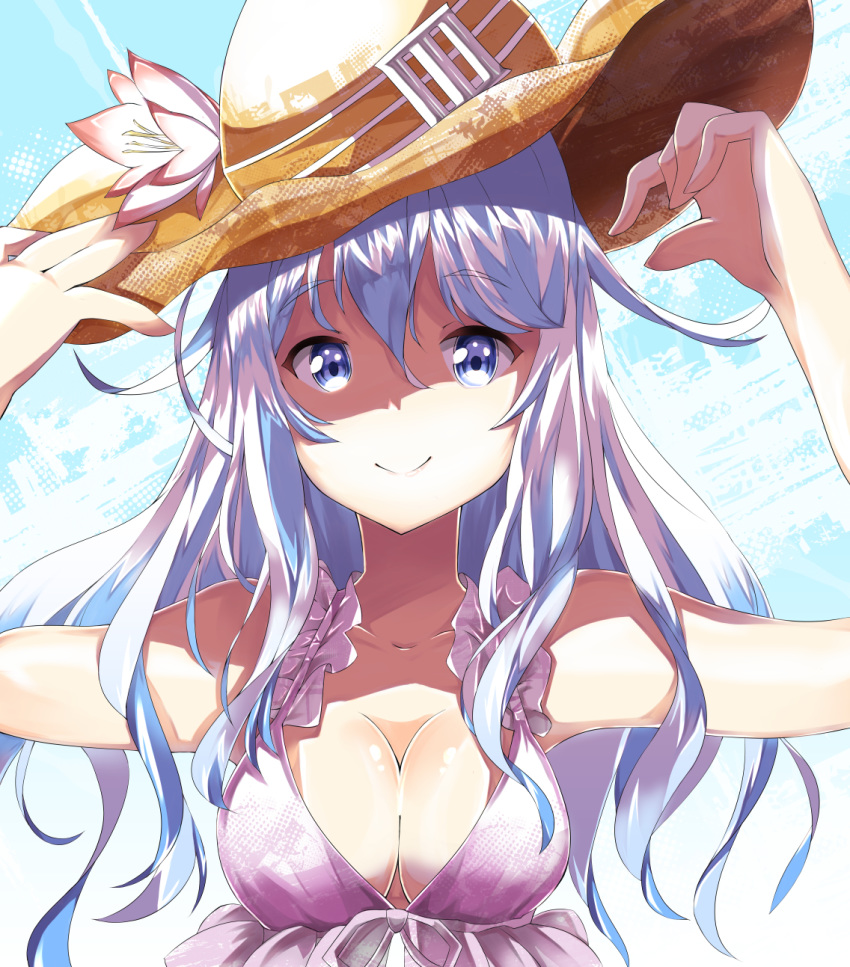 alternate_breast_size blue_background blue_eyes breasts cleavage collarbone commentary_request darou74 dress eyebrows_visible_through_hair flower hair_between_eyes hand_on_headwear hat hibiki_(kantai_collection) highres kantai_collection large_breasts long_hair looking_at_viewer patterned_background shadow silver_hair smile solo straw_hat sun_hat